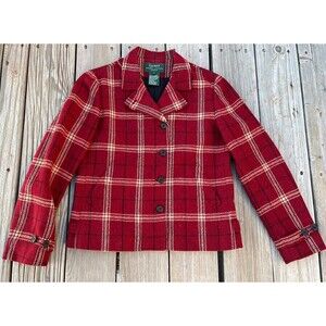 Lauren Ralph Lauren Women's 8P Petite Wool Pea Coat Jacket Blazer Red Plaid